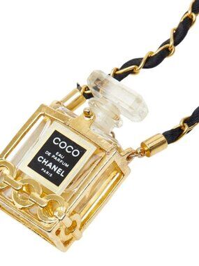 Chanel Perfume Bottle Motif Chain Necklace Clear Gold Black Glass Plated Fabric